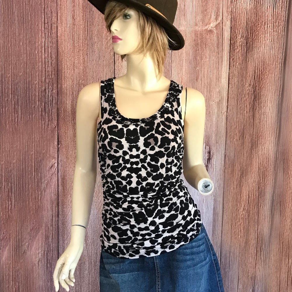 INC Animal Print Tank Top Side Ruching Beading S